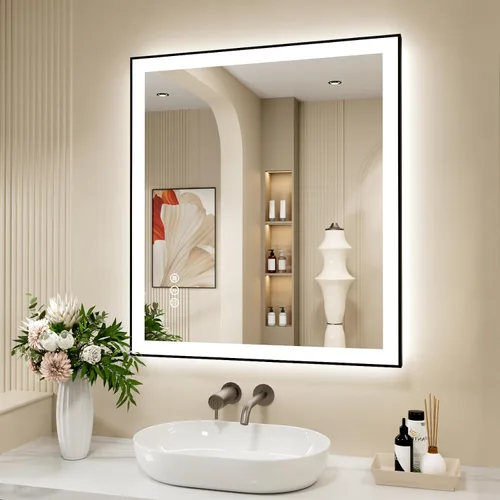 Vista 23 de Espejo de baño LED de 20x28 pulgadas con marco negro, espejos de baño retroiluminados y con luz frontal para pared, antiempañamiento, regulable