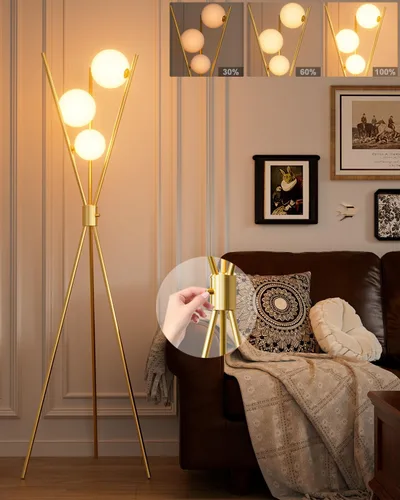 Vista 20 de Lámpara de pie moderna de cristal de 3 luces, lámpara alta de pie dorada con pantalla de vidrio de piña roja profunda, lámpara de pie LED regulable