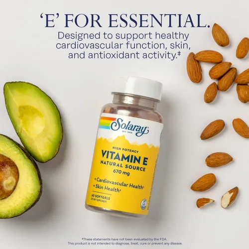 Vista 3 de SOLARAY Cápsulas de cápsulas blandas de vitamina E de 1000 UI, 670 mg - d Alfa tocoferol Vitamina E Suplementos - Salud de la piel, función cardíaca