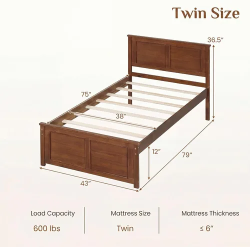 Vista 2 de KOMFOTT Twin Size Bed Frame, Farmhouse Wooden Platform Bed with Headboard Nogal