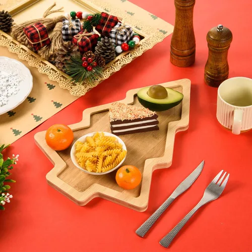 Vista 4 de Bandeja de madera para aperitivos de Navidad con forma de árbol de Navidad, bandeja de servir sushi, bandeja de madera para charcutería, bandeja