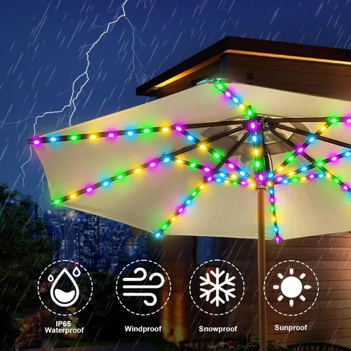 Vista 8 de luces de sombrilla solar, 8 hebras de luces de sombrilla para patio al aire libre con 8 modos, panel solar de 3V, clip con 112 LED, luces al aire