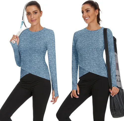 Vista 4 de Soneven Camisetas térmicas de manga larga para mujer, camisetas de compresión para entrenamiento, dobladillo cruzado, camisas de yoga atléticas