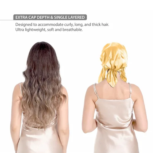 Vista 3 de SissiLita Gorro de seda 100% para dormir con banda de corbata, gorro de dormir grande para cabello rizado, envoltura para el cabello para el cuidado