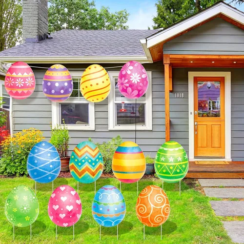 Vista 4 de Beeveer 12 letreros de Pascua para patio con estacas, decoración de patio de Pascua, adornos colgantes para primavera, patio, suministros de fiesta