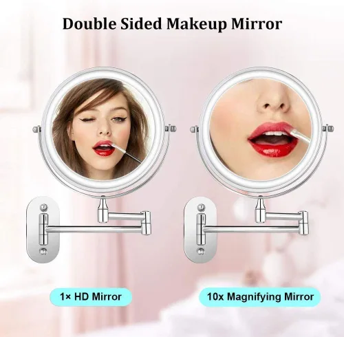 Vista 2 de Espejo de maquillaje con iluminación LED, funciona con pilas, aumento de 1x/10x, 8 pulgadas, luz ajustable con botón táctil, cromo pulido