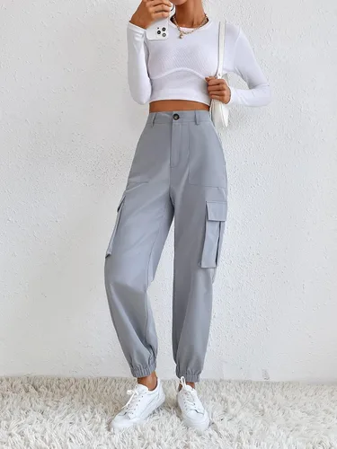 Vista 4 de MakeMeChic Pantalones cargo casuales de cintura alta para mujer con bolsillos