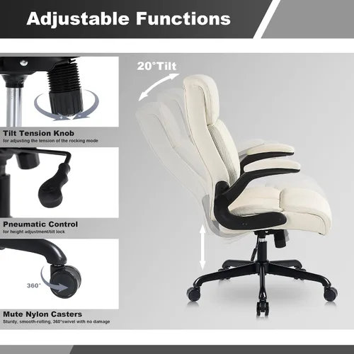 Vista 6 de Youhauchair Silla de oficina ejecutiva, silla ergonómica de piel sintética para computadora con soporte lumbar, reposabrazos abatibles y altura Beige