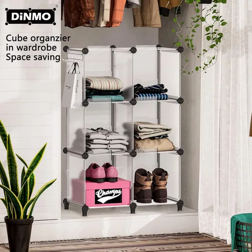 Vista 4 de DINMO Organizador de almacenamiento de 6 cubos, estantería, estante de exhibición con mazo de madera, almacenamiento de gabinete para niños