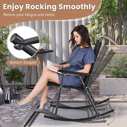 Vista 5 de Tangkula Juego de 2 mecedoras plegables para patio con tela de asiento transpirable y marco de metal resistente, movimiento mecedor suave, balancín