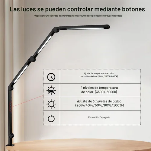 Vista 5 de Lámpara de escritorio LED con abrazadera y brazo flexible, 3 fuentes de luz, 4 modos de color y 5 niveles de brillo, luz de mesa con función