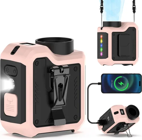 Vista 10 de Qerhod Ventilador turbo portátil 7 en 1, ventilador de cintura personal con clip, linterna manos libres y más, refrigeración potente, tiempo de Negro