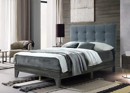 Vista 2 de Hodedah Cama con cabecera tapizada y plataforma de marco de madera, individual, gris (HI681 Twin Grey)