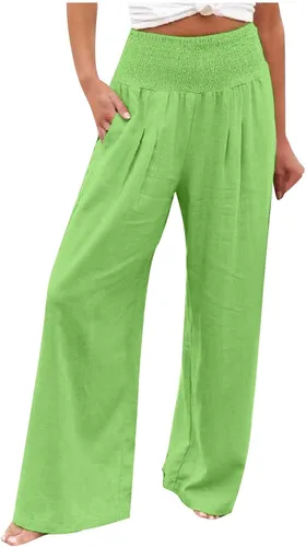 Vista 44 de SHAOBGE Pantalones palazzo de verano para mujer, cintura alta, pierna ancha, casual, cintura elástica, pantalones de playa con bolsillos