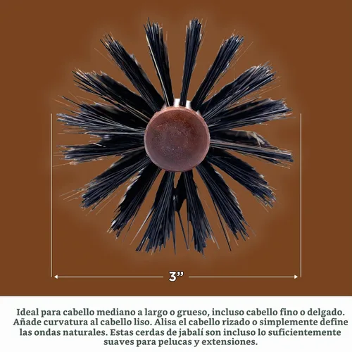 Vista 6 de Spornette Cepillo de pelo redondo italiano de 3 pulgadas (#955-XL) – Cepillo redondo de cerdas de jabalí de doble densidad con mango de madera