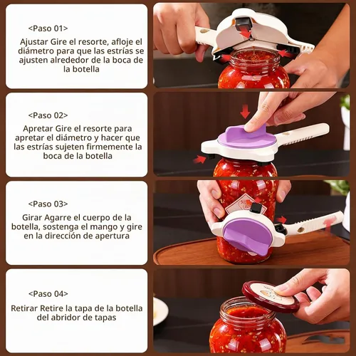 Vista 6 de Abrebotellas multiusos 4 en 1, abridor de botellas ajustable de tres garras con dientes antideslizantes, herramienta de tapa de varios tamaños
