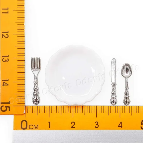 Vista 5 de Odoria 1/12 Platos en miniatura y cubiertos Cuchillo Tenedor Cuchara Juego de accesorios para casa de muñecas, plata plateado