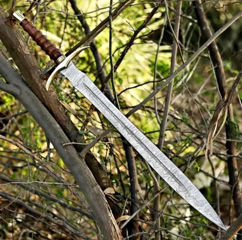Vista 5 de Espada Vikinga de Damasco Hecha a Mano de 38 Pulgadas Real Medieval LARP Cosplay Nórdico Accesorios de Espadas con Vaina de Cuero Mango