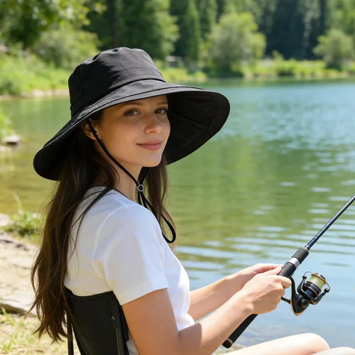 Vista 9 de Sombrero de ala ancha impermeable UPF 50+ para mujer con agujero para cola Negro