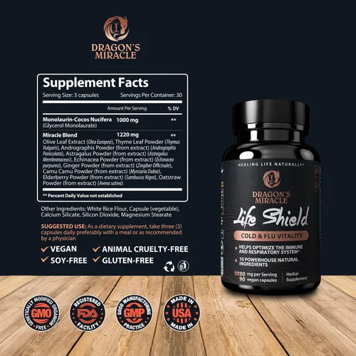Vista 2 de Dragon's Miracle Suplemento natural de apoyo inmunológico con monolaurina, 2 botellas, 10 en 1 vegano y sin gluten, suplemento a base de plantas