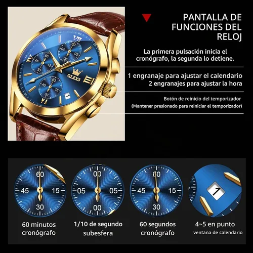 Vista 5 de OLEVS Watch Men Leather Chronograph Waterproof Luxury Dress Analog Quartz Azul
