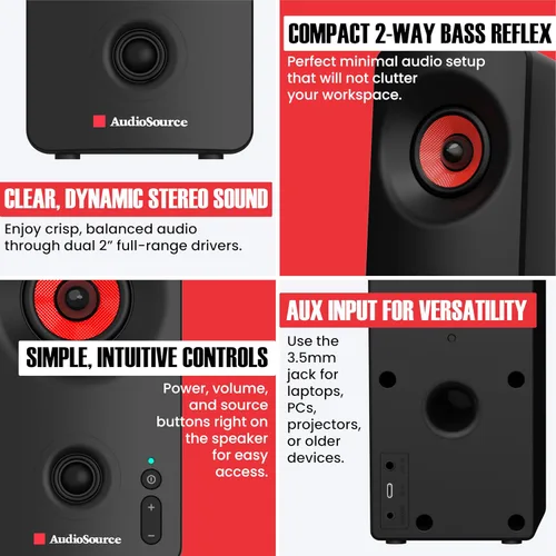 Vista 6 de Audiosource Altavoces de escritorio para PC con Bluetooth 5.3, USB-C Plug & Play, altavoces de computadora estéreo 2.0 con controladores duales