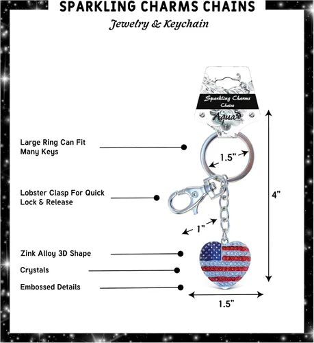 Vista 2 de Aqua79 - Llavero de corazón americano Bandera de Estados Unidos de plata 3D brillantes diamantes de imitación de aleación de metal duradero llavero