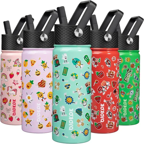 Vista 85 de BJPKPK Botella de agua con tapa con pajilla, botella de agua aislada de 15 onzas, botellas de agua de metal de acero inoxidable, termo reutilizable