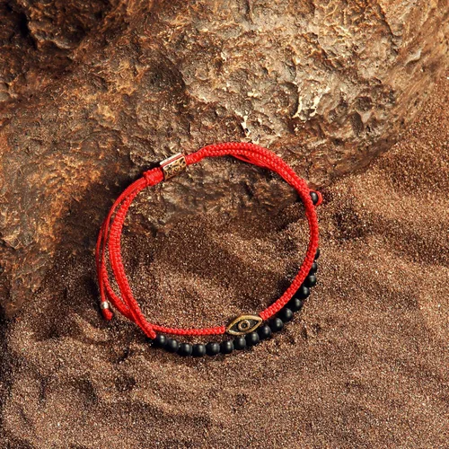 Vista 4 de KARMA AND LUCK - Brave Gaze - Men's Real Matte Onyx Jade Stone Bronze Brass Evil Eye Charm Red String Adjustable Drawstring Closure Bracelet