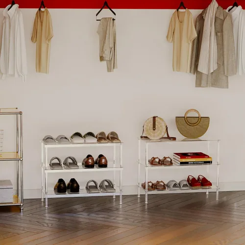 Vista 6 de Aquiver Zapatero acrílico de 3 niveles – Moderno estante de almacenamiento de zapatos independiente para entrada, armario, 25.6 pulgadas de largo x
