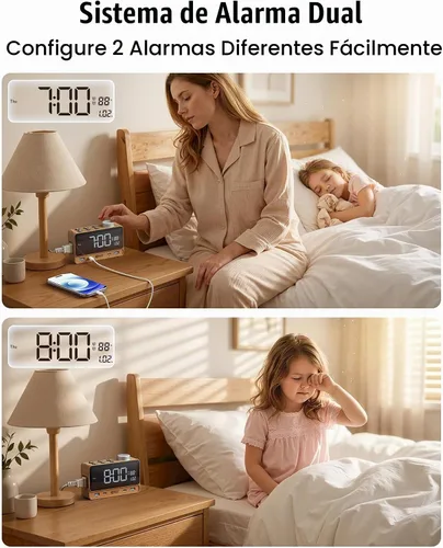 Vista 4 de SUPERDANNY Reloj despertador con PD de 20 W, 4 puertos USB, tira de alimentación de 2 tomas de CA, relojes despertadores digitales para dormitorios