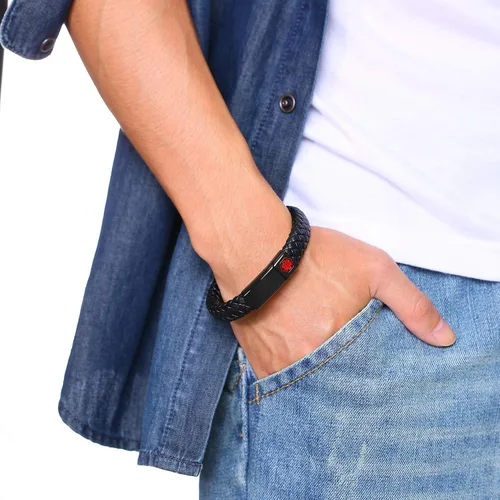 Vista 5 de VNOX Pulsera médica para hombres Pulsera de cuero genuino de acero inoxidable con alerta médica para hombres y mujeres, 8.3 pulgadas
