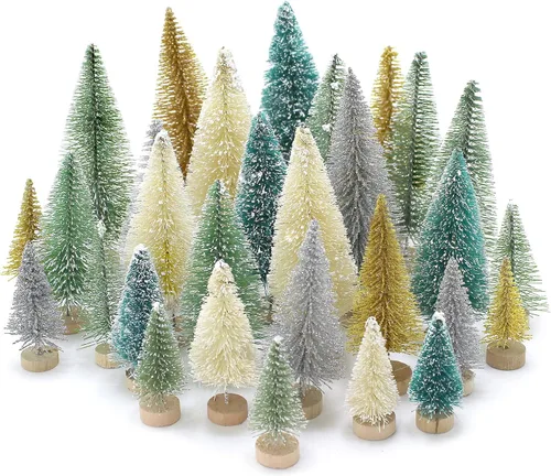 Vista 9 de Mini árbol de Navidad con luces, árboles de Navidad de cepillo de botella con base de madera, mini árbol de pueblo navideño de mesa