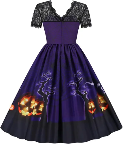 Vista 4 de Vestido de Halloween para mujer 2022 estampado casual cuello en V con cremallera manga corta panel de encaje