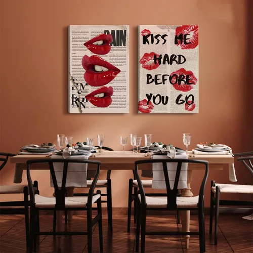 Vista 4 de 2 piezas de lienzo enmarcado, arte de pared, decoración de pared de moda preparada, pósteres de labios rojos funky, impresiones de cuadros