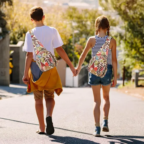Vista 6 de HUA ANGEL Bolso bandolera floral Pequeña mochila cruzada para hombres y mujeres, senderismo, caminar, viajes, mini bolsa de pecho, Hoja de arce