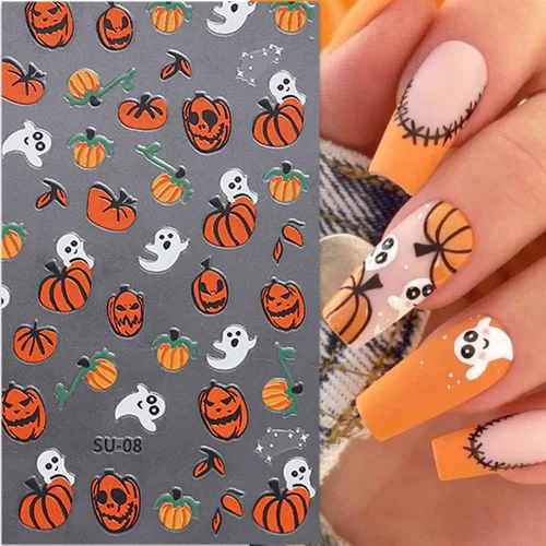 Vista 5 de 8 hojas de calcomanías de uñas de Halloween para arte de uñas, LPOODDNU de Halloween, calcomanías de uñas autoadhesivas 3D, suministros de arte