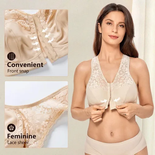 Vista 5 de CALVENA Sujetador de cierre frontal para mujer cobertura completa sin varillas de encaje talla grande espalda cruzada