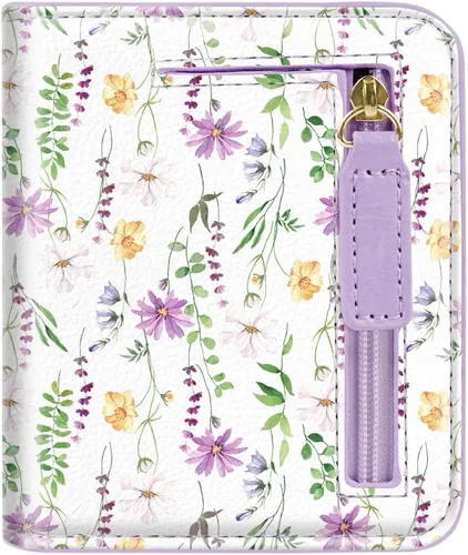 Vista 26 de Cartera pequeña con bloqueo RFID para mujer, con bolsillo plegable y compacto, lindo soporte para tarjetas de crédito, ranura para monedas, monedero