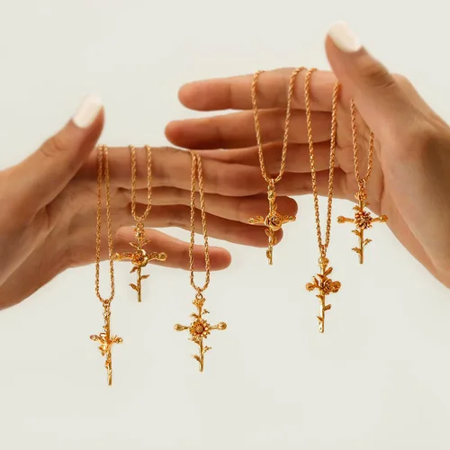 Vista 5 de MEVECCO Gold Birth Flower Cross Necklace for Women 12 Month Faith Pendent 18K Gold Plated 2MM Twist Rope Chain Personalized Religious Birthday