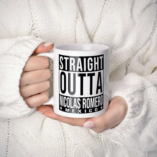 Vista 2 de Straight Outta Nicolas Romero Mexico Lover Souvenir Gift Coffee Mug. 11 Ounces.