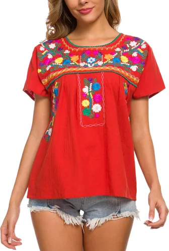 Vista 4 de YZXDORWJ - Cómoda blusa mexicana bordada de verano y sin mangas para mujer