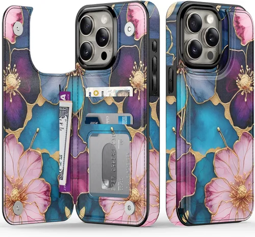 Vista 27 de FUNMIKO Funda tipo cartera para iPhone 15 con tarjetero + clip para efectivo, bloqueo RFID, protección contra caídas de grado militar y obras