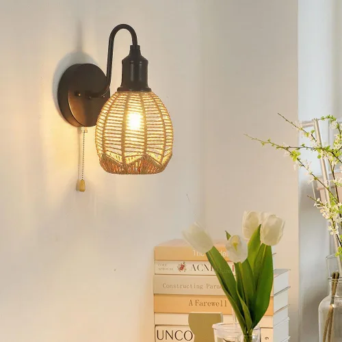 Vista 2 de Lámpara de pared de ratán, aplique de pared vintage de granja, lámpara de pared negra retro con tirador, iluminación interior cableada para sala