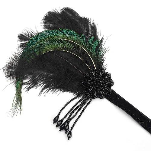 Vista 5 de Diadema de plumas para novia de los años 20 con borlas de flores de cristal y borlas de plumas negras, joyería para el cabello para mujeres y niñas
