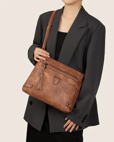 Vista 2 de FADEON Bolsos cruzados grandes para mujer, bolso cruzado de cuero de diseñador, bolso de hombro con múltiples bolsillos