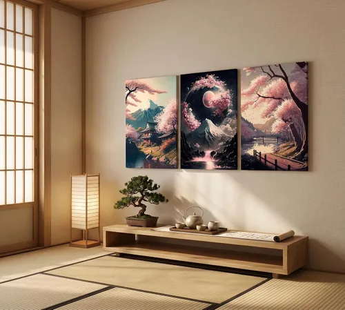 Vista 3 de 3 piezas de arte de pared en lienzo japonés, paisaje del lago de cerezos en flor, decoración de pared, imágenes de Japón, arte de Monte Fuji