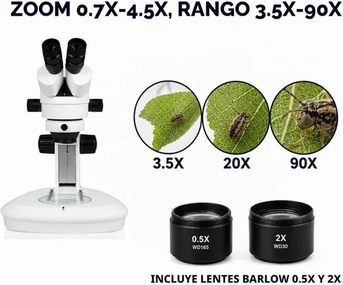 Vista 3 de Microscopio estéreo con zoom binocular VS-2EZ, ocular de campo ancho 10x, rango de zoom de 0.7X—4.5X, rango de aumento de 3.5X—90x, lente auxiliar