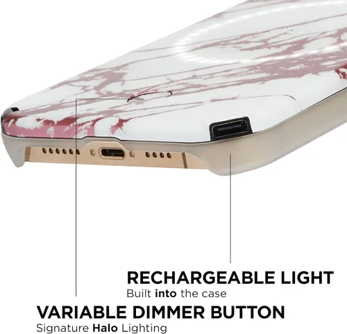 Vista 5 de LuMee Halo - Funda iluminada para selfie para iPhone 13 Pro Max - Iluminación LED ajustable incorporada - 6.7 pulgadas - Mármol blanco metálico rosa