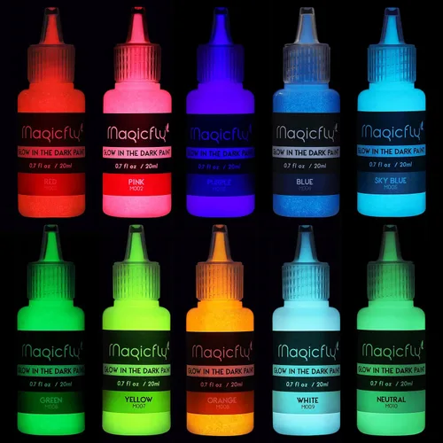 Vista 2 de Magicfly Pintura acrílica que brilla en la oscuridad, 10 colores brillantes de pintura líquida luminosa, pinturas de neón que brillan